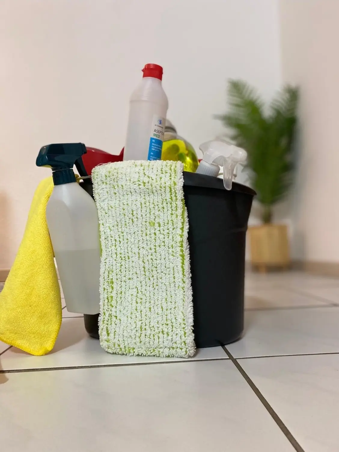 Lamassu Clean - Reinigungsprodukte in einem auf dem Boden stehenden Korb